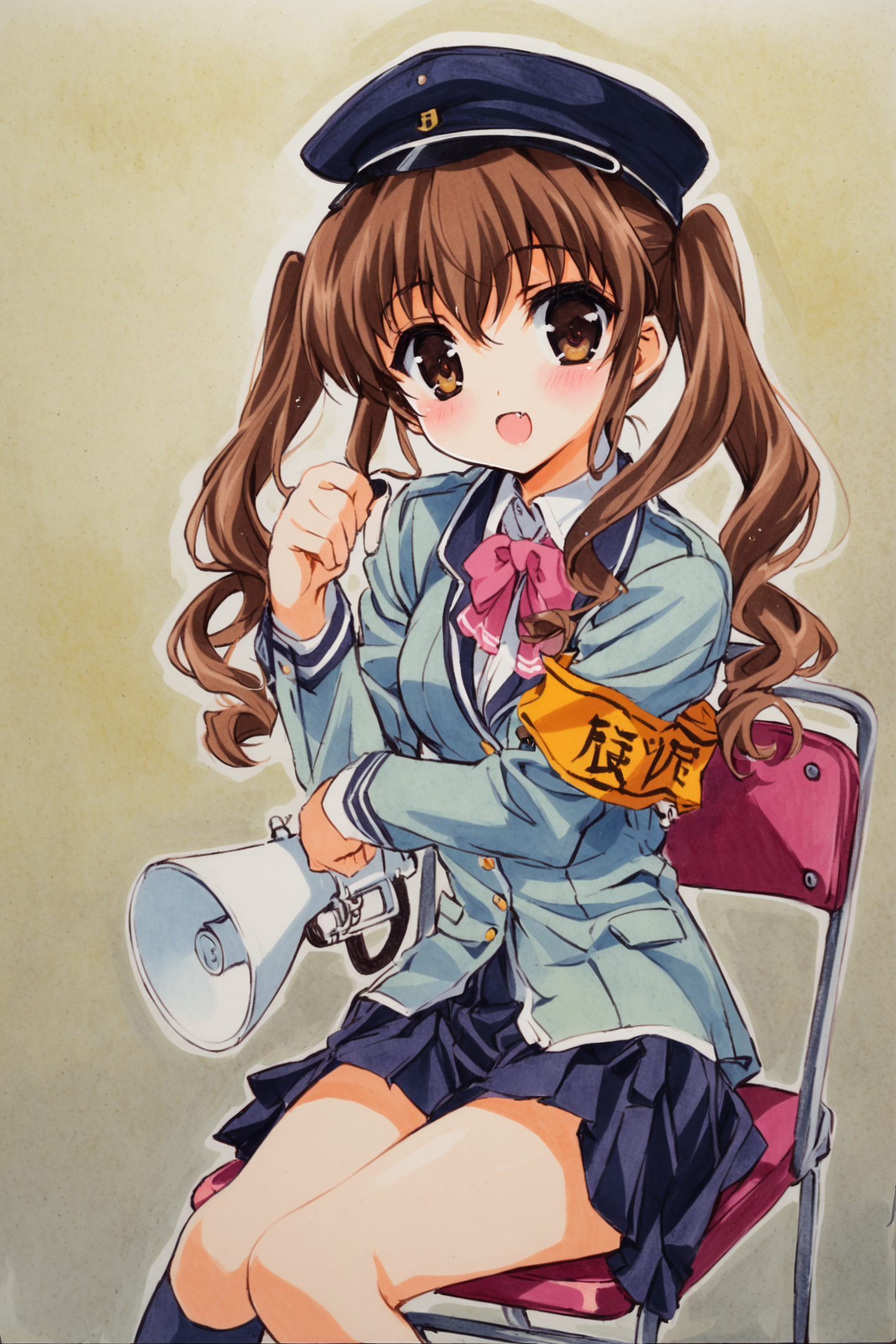 28683-4266345924-Nogizaka Mika,1girl,solo,brown hair,hat,twintails,megaphone,fang,school uniform,brown eyes,instrument,armband,sitting,long hair,.png